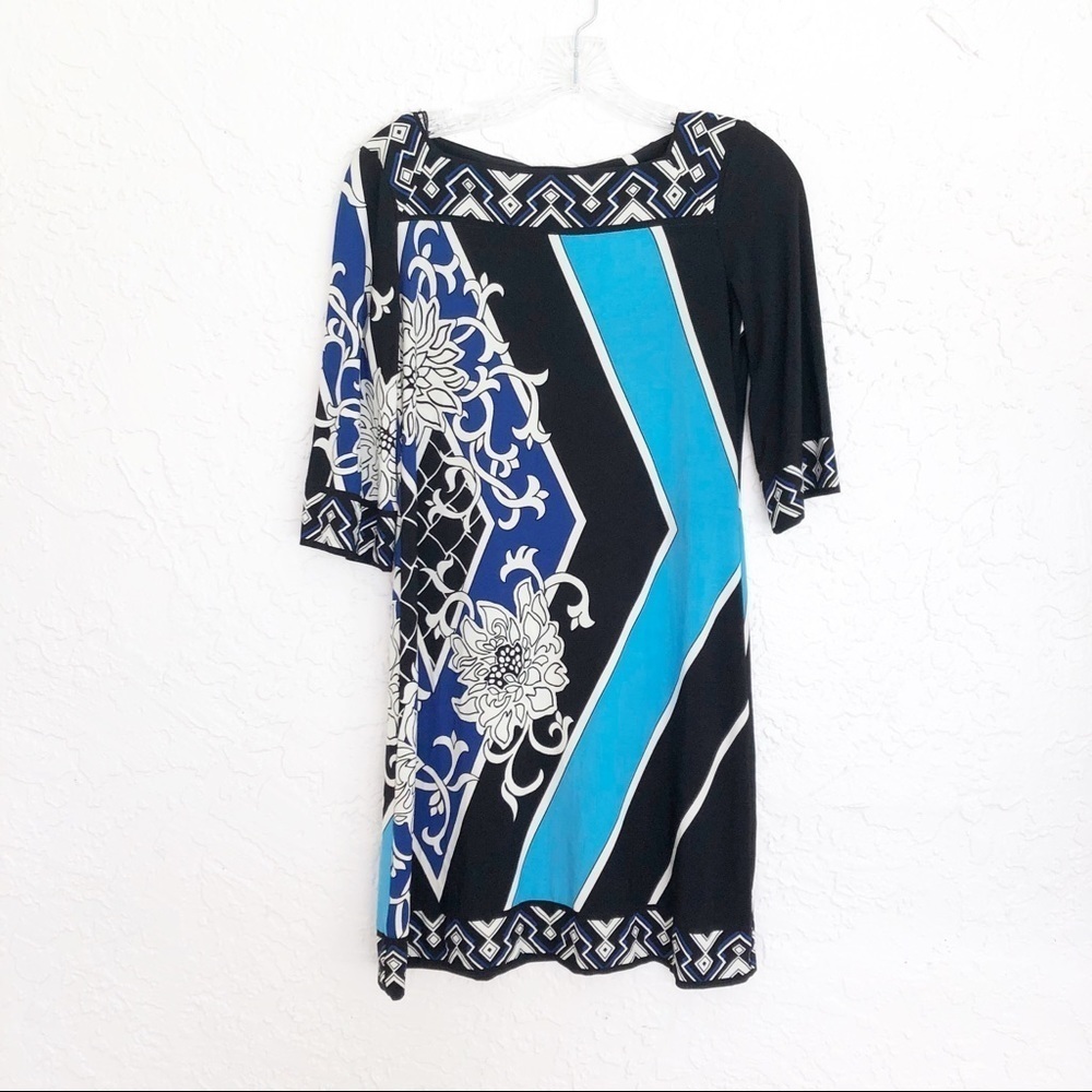 Donna Morgan Dress Shift 3/4 Sleeve Boat Neck Size 4 Petite Geometric Design
